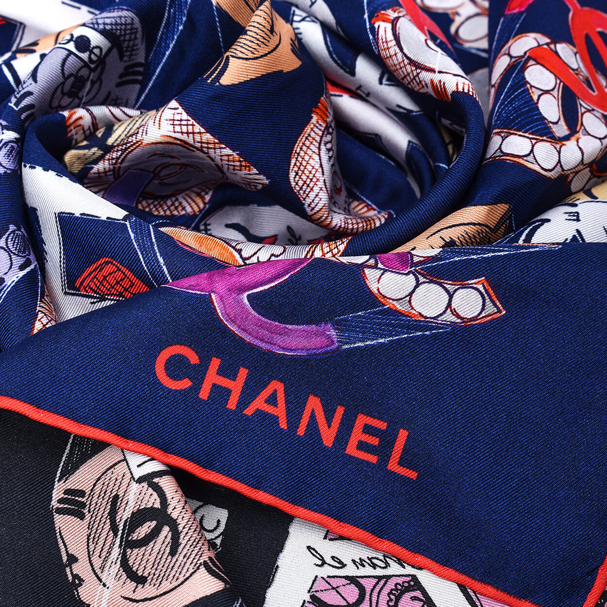 Chanel - Navy Blue Camellia & CC Silk Scarf 90*90